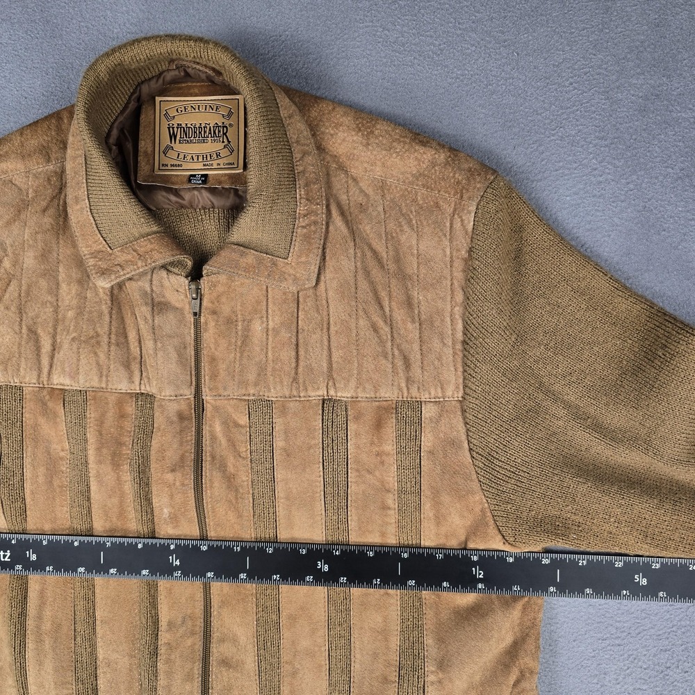 Original Windbreaker Jacket Mens Medium Beige Leather Knit Bomber Zip Striped - Picture 6 of 8